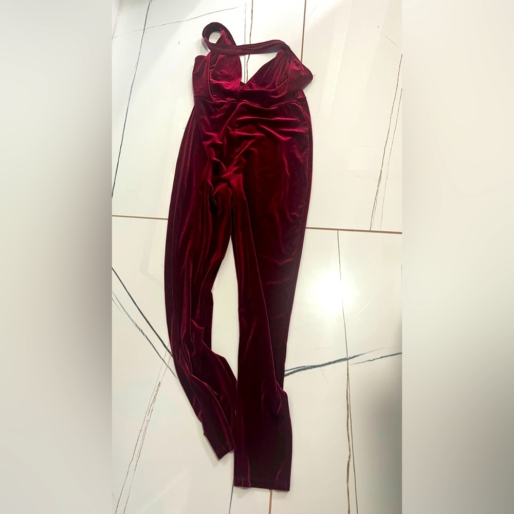 Fashion Nova Burgundy Velvet Halter Jumpsuit